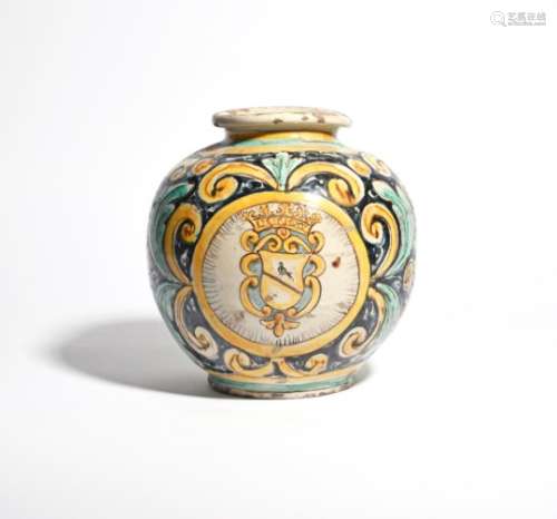 A large Sicilian maiolica bombola late 17th century, the rounded form painted with a crowned