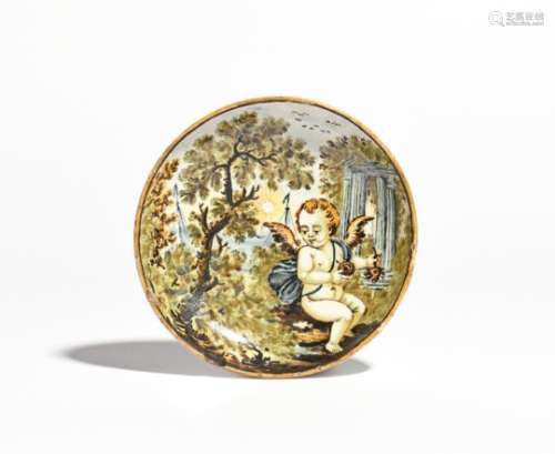 A Castelli maiolica saucer c.1725, painted with a large winged putto before Classical columns and