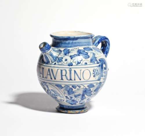 An Italian maiolica syrup or wet drug jar 17th century, probably Venice, the ovoid body painted in