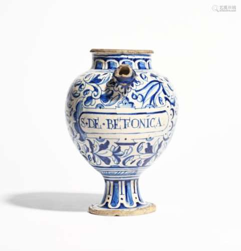 A maiolica syrup or wet drug jar mid 16th century, Delft or Antwerp, the ovoid body decorated in