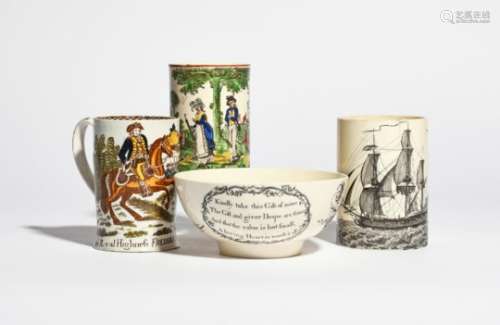 Two creamware mugs and a bowl late 18th/early 19th century, one mug Wedgwood and printed with a ship