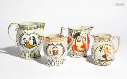 Three Pratt ware jugs c.1800-10, two moulded in relief with panels of children squabbling and