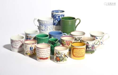 Fifteen pearlware mugs, 19th century, some for the nursery, variously decorated with coloured