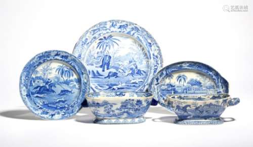 Two Spode transferware plates and a sauce tureen 1st half 19th century, from the Indian Sporting