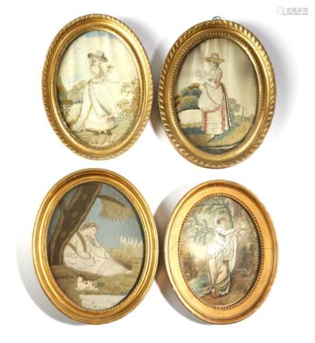 Three George III oval silkwork pictures, depicting ladies, one depicted next to a tree inscribed '