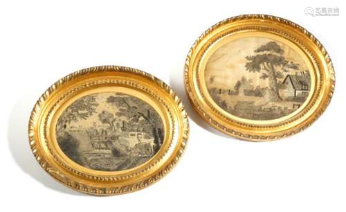 A pair of Regency silk and 'hair' needlework pictures, depicting rural scenes with figures,