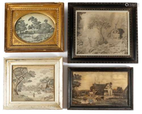 Four Regency silk and 'hair' needlework pictures, depicting country scenes with figures,