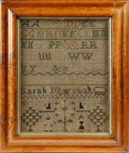 A George III needlework sampler by Sarah Marshall, worked with alphabets, birds and a pair of