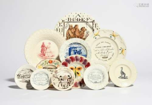 Twelve pearlware nursery and toy plates 1st half 19th century, variously decorated with scenes of