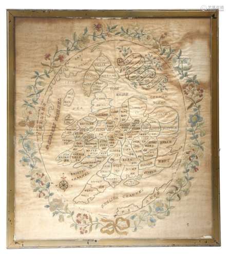 A George III needlework map sampler by M. Brooks, worked with the counties of England and Wales,