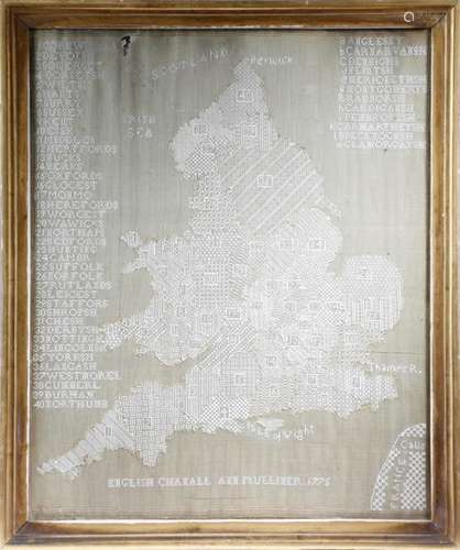 A rare George III lace map sampler of England and Wales by Ann Mulliner, depicting the counties of