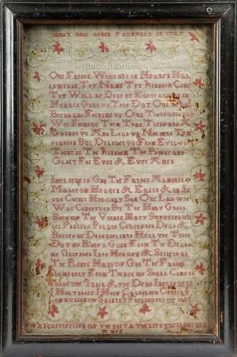 A George II memorial needlework sampler, worked with 'THE LORD'S PRAYER' and 'THE BELIEVE',