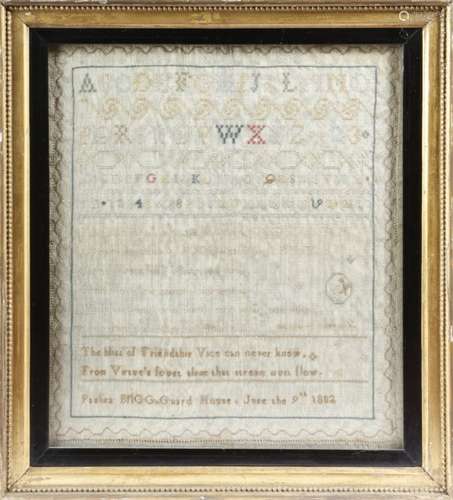 A George III needlework sampler by Paulina Brigg, worked with alphabets, numbers and two poems,