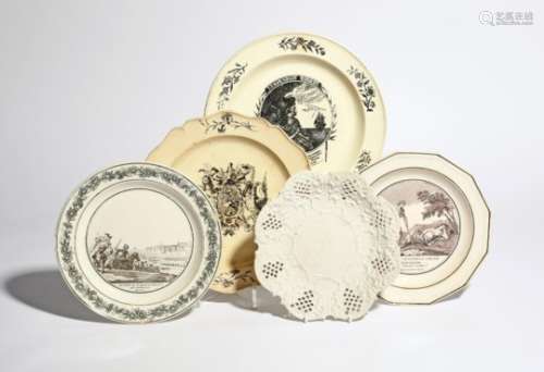 Four creamware plates c.1780 and later, one printed by John Sadler with a lion and eagle flanking