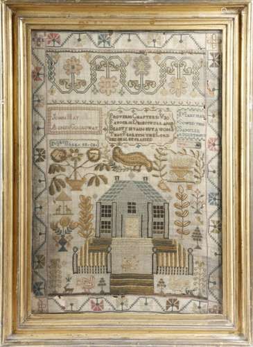 A Regency Scottish needlework sampler by Mary Hay, worked with a large house, birds, urns, deer, a