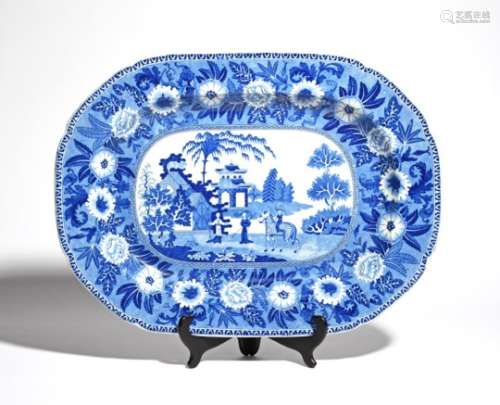A Rogers blue and white transferware charger 19th century, printed with a Chinaman riding a zebra