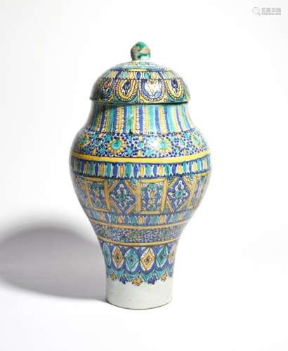 A large Moroccan pottery vase and cover 2nd half 19th century, decorated in blue, green, yellow
