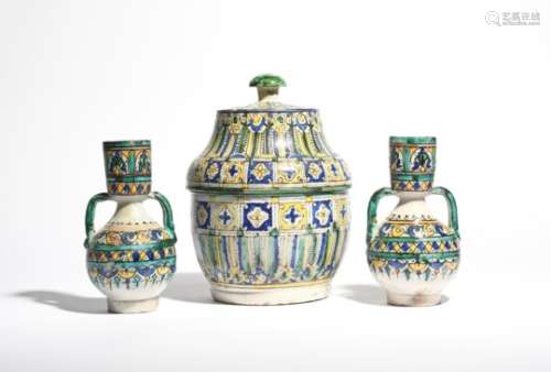 A Moroccan pottery butter pot (jobbana) and cover 2nd half 19th century, of deep U-shape,