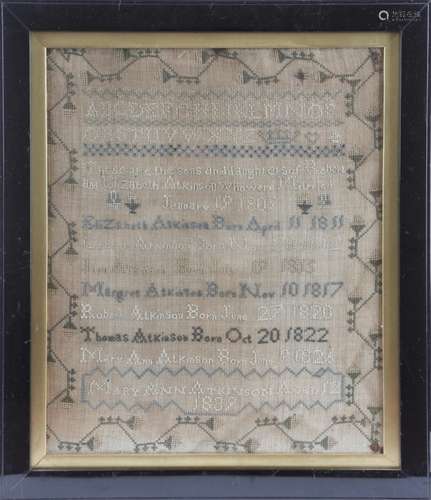 An early Victorian needlework sampler by Mary Ann Atkinson, worked with an alphabet, a crown, a love