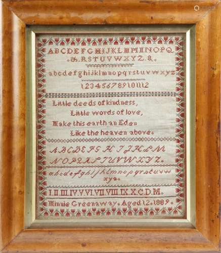 A late Victorian needlework sampler by Minnie Greenaway, worked with alphabets, numbers, Roman