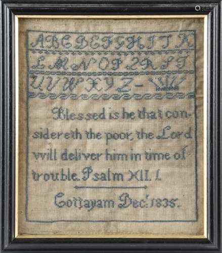 ,A rare William IV 'Cottayam' needlework sampler, worked with an alphabet, a crown and Psalm 41:1,