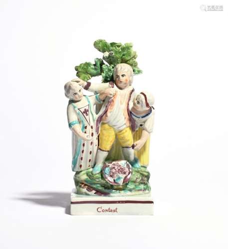 A Staffordshire figure group c.1800, of three children squabbling over a hat full of fruit