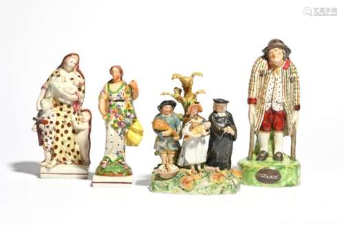 Four Staffordshire figure groups 19th century, one of Charity standing on a square base with three