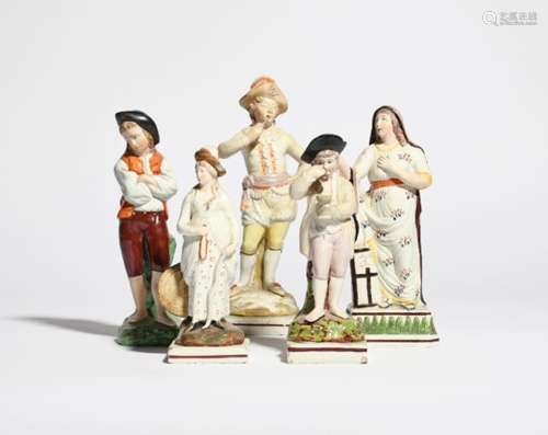 Five Staffordshire figures 1st half 19th century, one of Faith, modelled as a woman wearing a