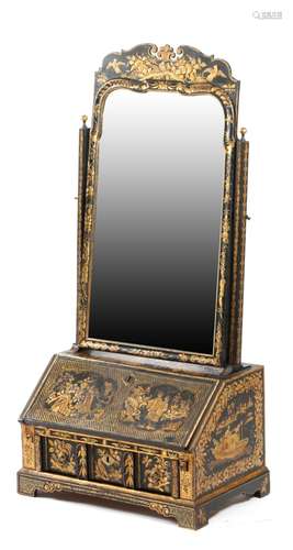 A black japanned dressing table mirror in Queen Anne style, decorated in gilt with chinoiserie