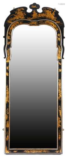 A black japanned pier mirror in Queen Anne style, with two bevelled plates, within a moulded frame