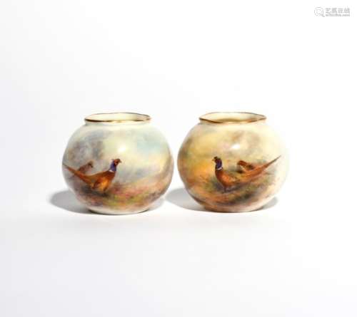 A pair of Royal Worcester small vases date codes for 1938, the spiral-moulded globular forms painted