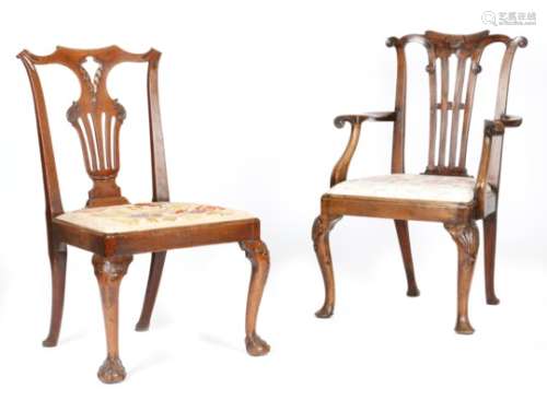 An early George III Irish 'Chippendale' mahogany side chair, the scroll carved top rail above a