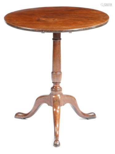 A George III mahogany tripod table, the circular tilt-top on a ring turned stem and cabriole legs,