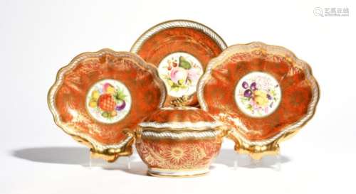 A Coalport sauce tureen and cover and three dessert dishes c.1810-20, two of the dishes of shell