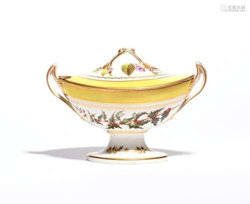 A Derby botanical sauce tureen and cover c.1795, of boat shape, painted in pattern 216 with