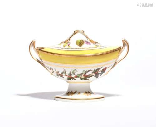 A Derby botanical sauce tureen and cover c.1795, of boat shape, painted in pattern 216 with