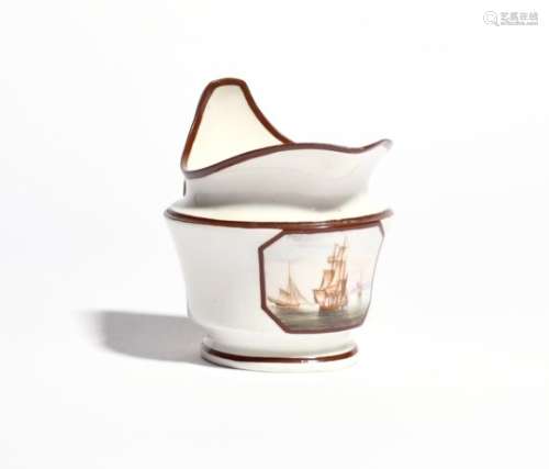 A Derby milk jug c.1800, painted by George Robertson with an octagonal panel of ships sailing in a