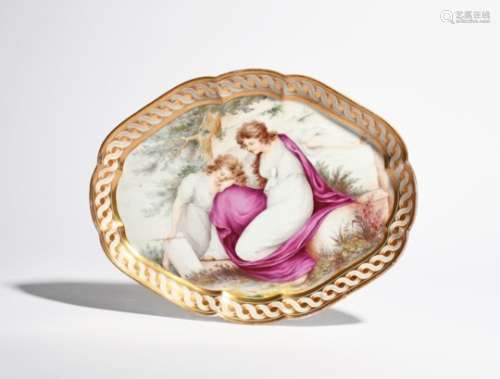 A Coalport tray c.1800-10, painted by Thomas Baxter with two maidens in Classical white dresses, one