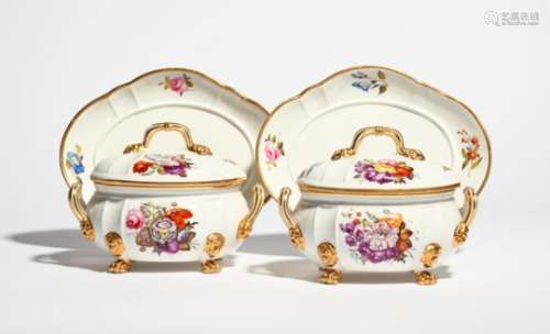 A pair of Derby sauce tureens with covers and stands c.1815, painted perhaps by Moses Webster with