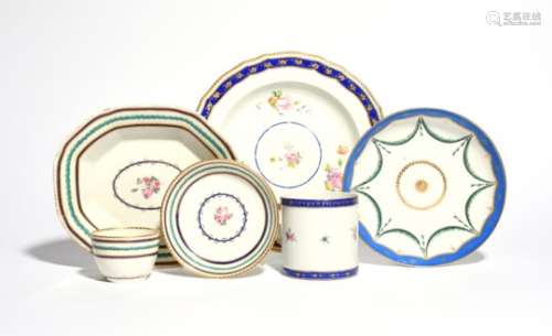 Three Chelsea-Derby dessert dishes c.1775-85, one painted with polychrome flower sprays within a
