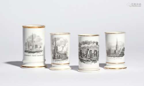 Four English porcelain spill vases 1st half 19th century, printed in black with scenes of