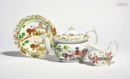 An English porcelain teapot and cover c.1830, probably New Hall, printed and coloured with a lion