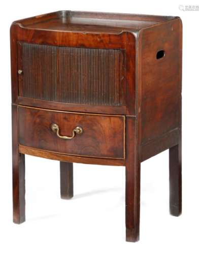 A George III mahogany tray-top bedside commode, with a tambour shutter, the converted base with a
