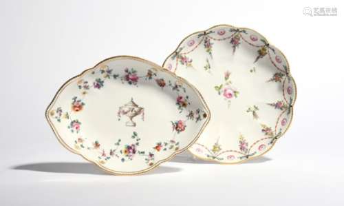 Two Chelsea-Derby dessert dishes c.1775, one of quatrefoil form and painted with a central urn