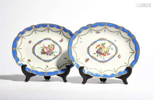 A large pair of Chelsea-Derby dessert dishes c.1775-80, finely painted with central arrangements