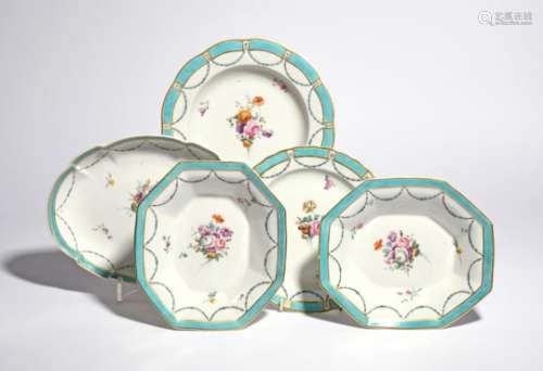 Five Derby dessert dishes c.1790, painted with central flower arrangements and small scattered