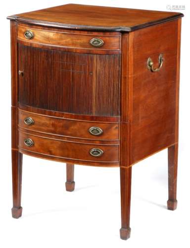 A George III mahogany bedside commode, inlaid with stringing, the crossbanded top above a frieze
