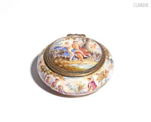 A Continental enamel snuff box c.1750-60, probably German, the circular form painted with a courting