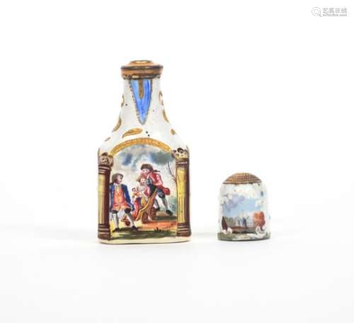 A Staffordshire enamel scent flask and a thimble c.1770, the flask of flattened rectangular form,