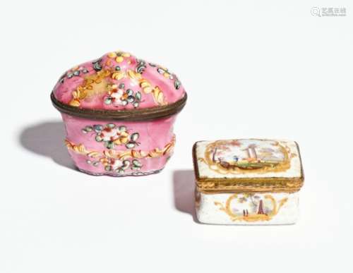 Two English enamel boxes c.1760-70, one of unusual moulded form, decorated with polychrome flower